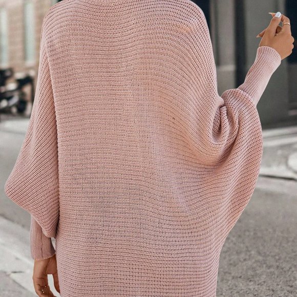 Pink Casual Womens Solid Batwing Sleeve V Neck Sweater - Picture 2 of 5